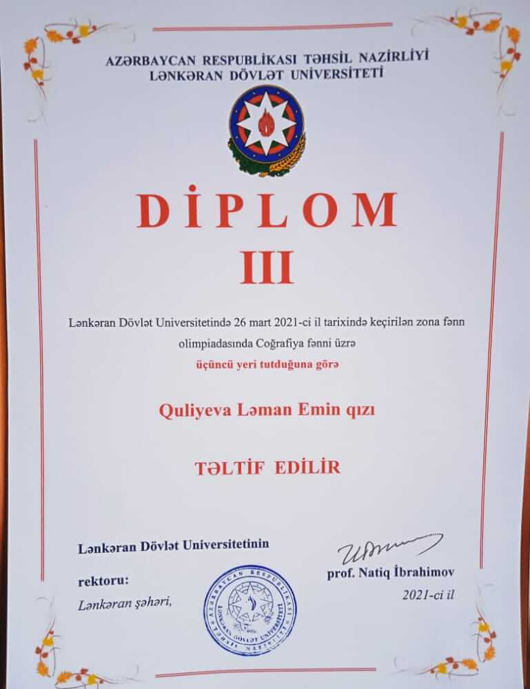 LDU nəzdində Sosial və Aqrar–Texnoloji Kollecin I kurs tələbəsi LDU–da keçirilən olimpiada da III yerə layiq görüldü.