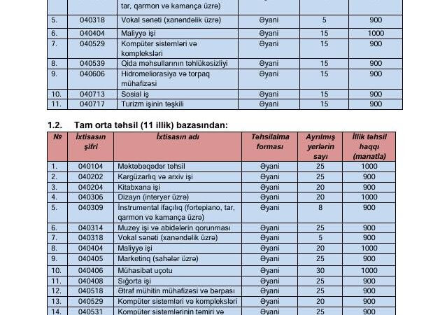 2025-2026-cı tədris ili üçün qəbul planı.